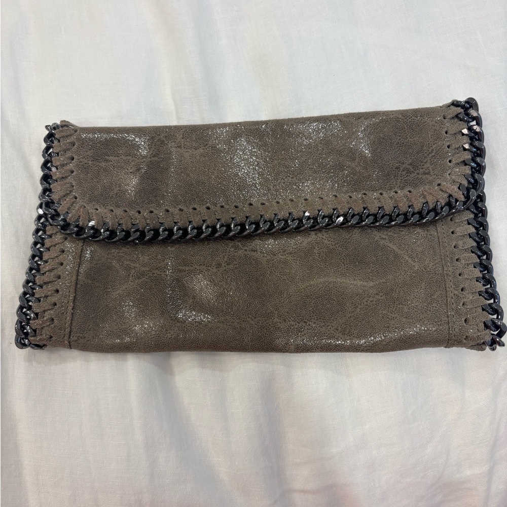 Leather Chain-Trimmed Brown Clutch